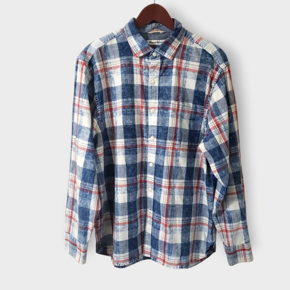 Tommy Bahama Mens Hazy Days Plaid Button Up Shirt Blue Sz L Classic Colorful USA